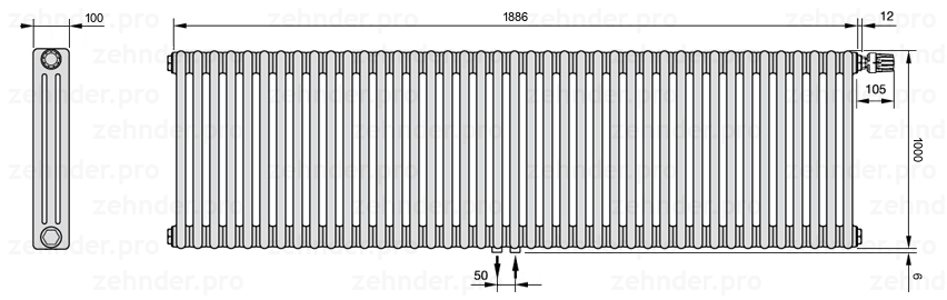 Схема (чертеж) Радиатор Zehnder Charleston 3100/41 №V008 Белый глянцевый RAL 9016